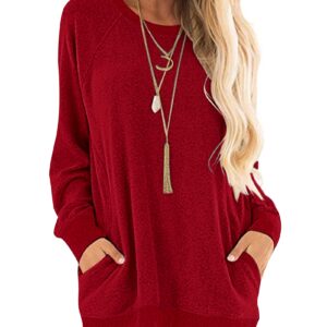 AUSELILY Womens Long Sleeve Tunic Tops Casual Loose Fit Sweatshirts Round Neck Pullover Blouse Sweatshirts with Pocket Ruby XL