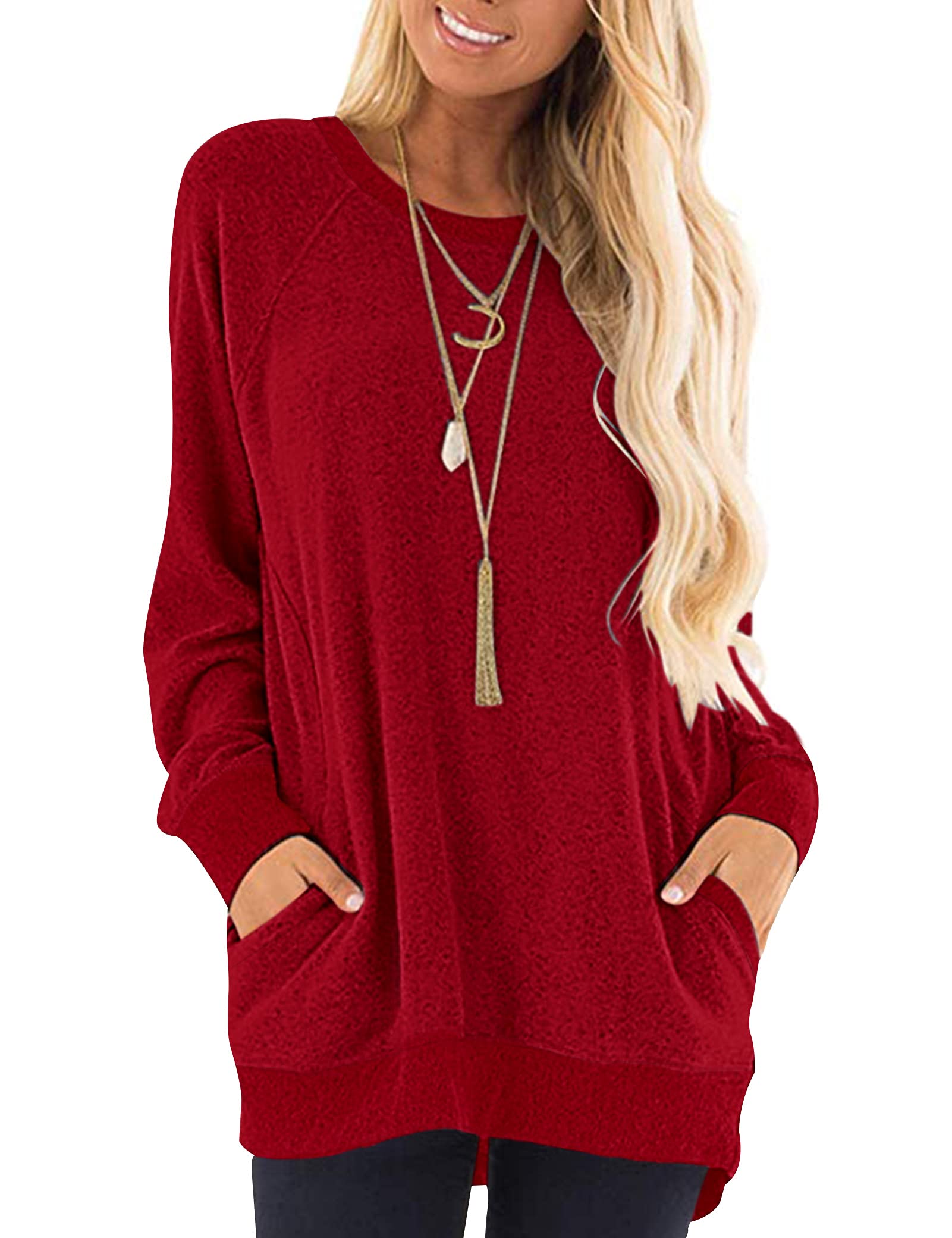 AUSELILY Womens Long Sleeve Tunic Tops Casual Loose Fit Sweatshirts Round Neck Pullover Blouse Sweatshirts with Pocket Ruby XL