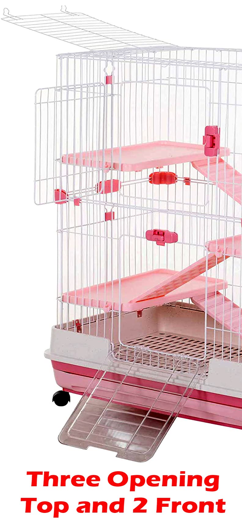 Pink Extra Large Deluxe Indoor Outdoor Multi-Level Guinea Pig Chinchilla Ferret Squirrel Hedgehog Kitten Rabbit Bunny Hutch House Critter Habitat Removable Washable Tray with Lockable Casters