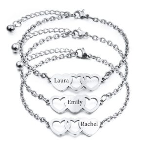 inblue 2～3 pcs personalized heart shape bracelets set best friend name customized 1～3 names for women friendship bff bracelets for 2～3 sisters (silver 3 pcs)