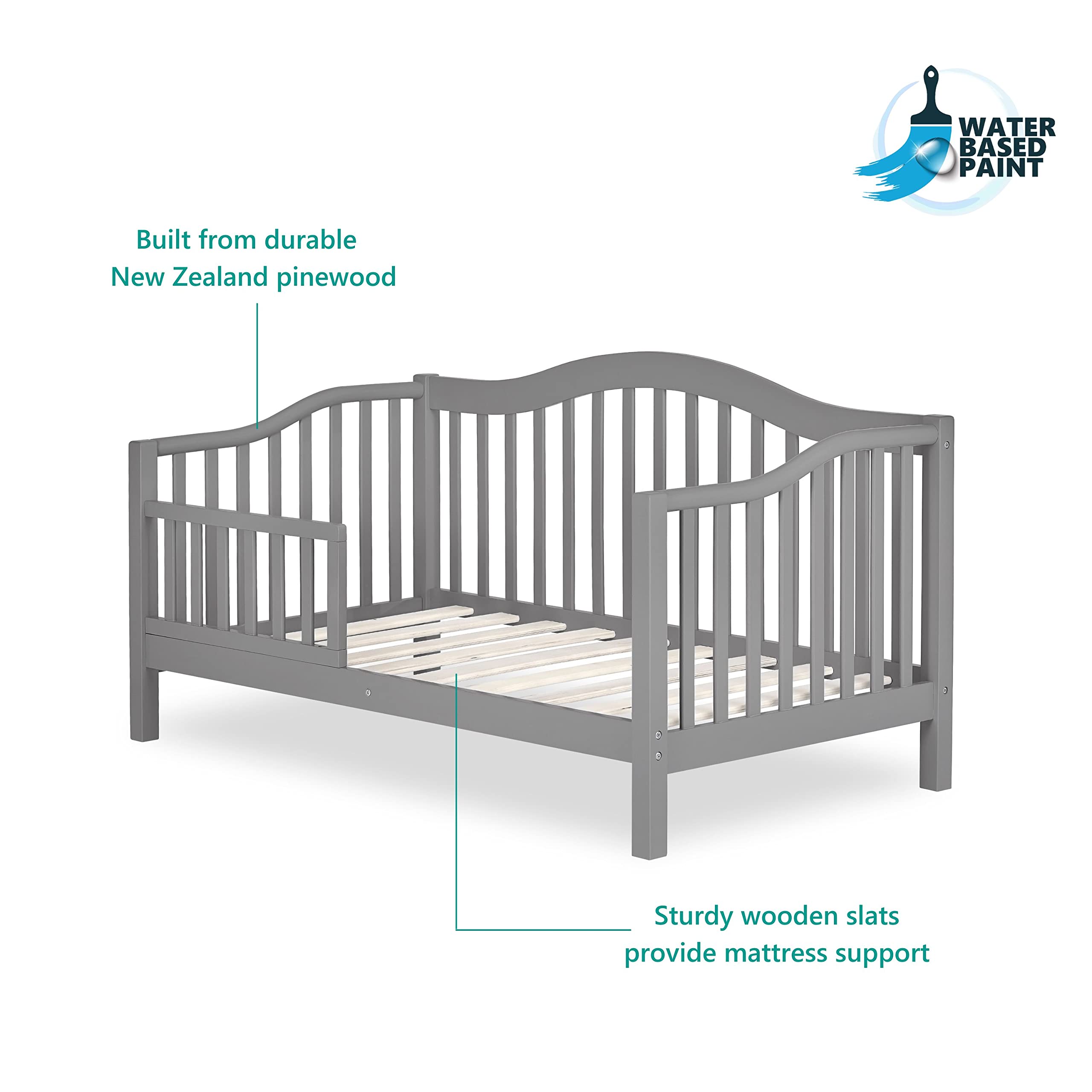 Dream On Me Austin Toddler Day Bed in Steel Grey, Greenguard Gold Certified, JPMA Certified, Non-Toxic Finishes, Low to Floor Design, Side Safety Guard Rail