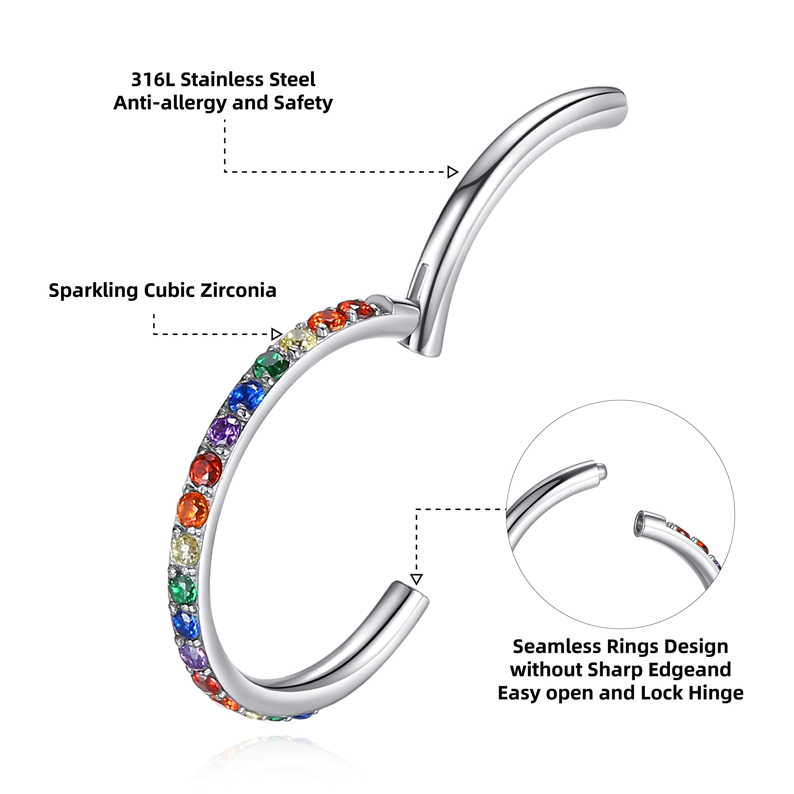 WYR Unisex Nose Ring Hoop with White Opal 20G(0.8mm) Diameter 10mm 316L Surgical Stainless Steel Hinged Flat Hinged Segment Ring Lip Rings Helix Cartilage Rook Earrings, Silver color ring