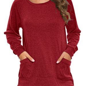 AUSELILY Womens Long Sleeve Tunic Tops Casual Loose Fit Sweatshirts Round Neck Pullover Blouse Sweatshirts with Pocket Ruby XL