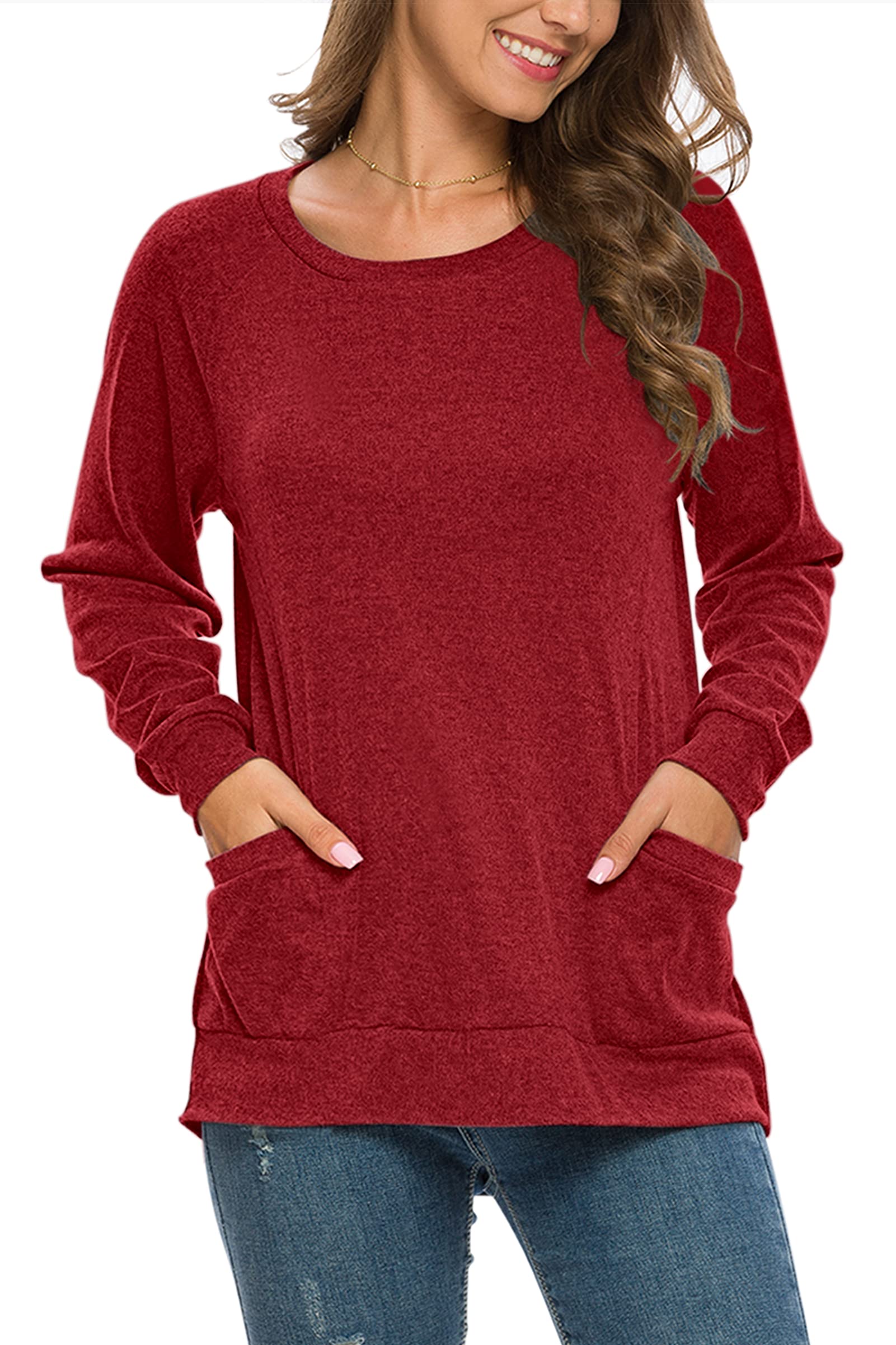 AUSELILY Womens Long Sleeve Tunic Tops Casual Loose Fit Sweatshirts Round Neck Pullover Blouse Sweatshirts with Pocket Ruby XL