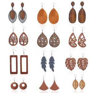 Sailimue 12 Pairs Wood Earrings for Women Natural Wooden Earrings Geometric Lightweight Drop Dangle Earrings Ethnic Style Statement Earrings