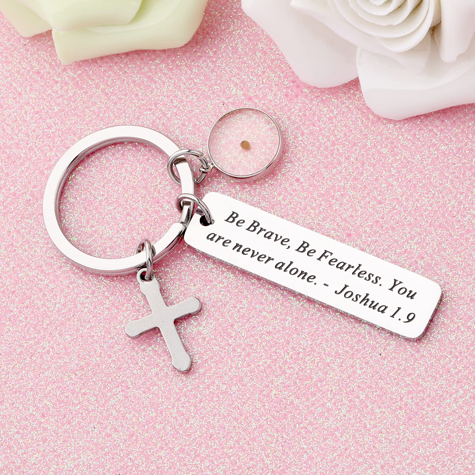 FEELMEM Mustard Seed Faith Gift Be Brave Be Fearless You Are Never Alone Joshua 1:9 Bible Verse Keychain Inspirational Faith Gift Religious Jewelry (Mustard Seed-KY)