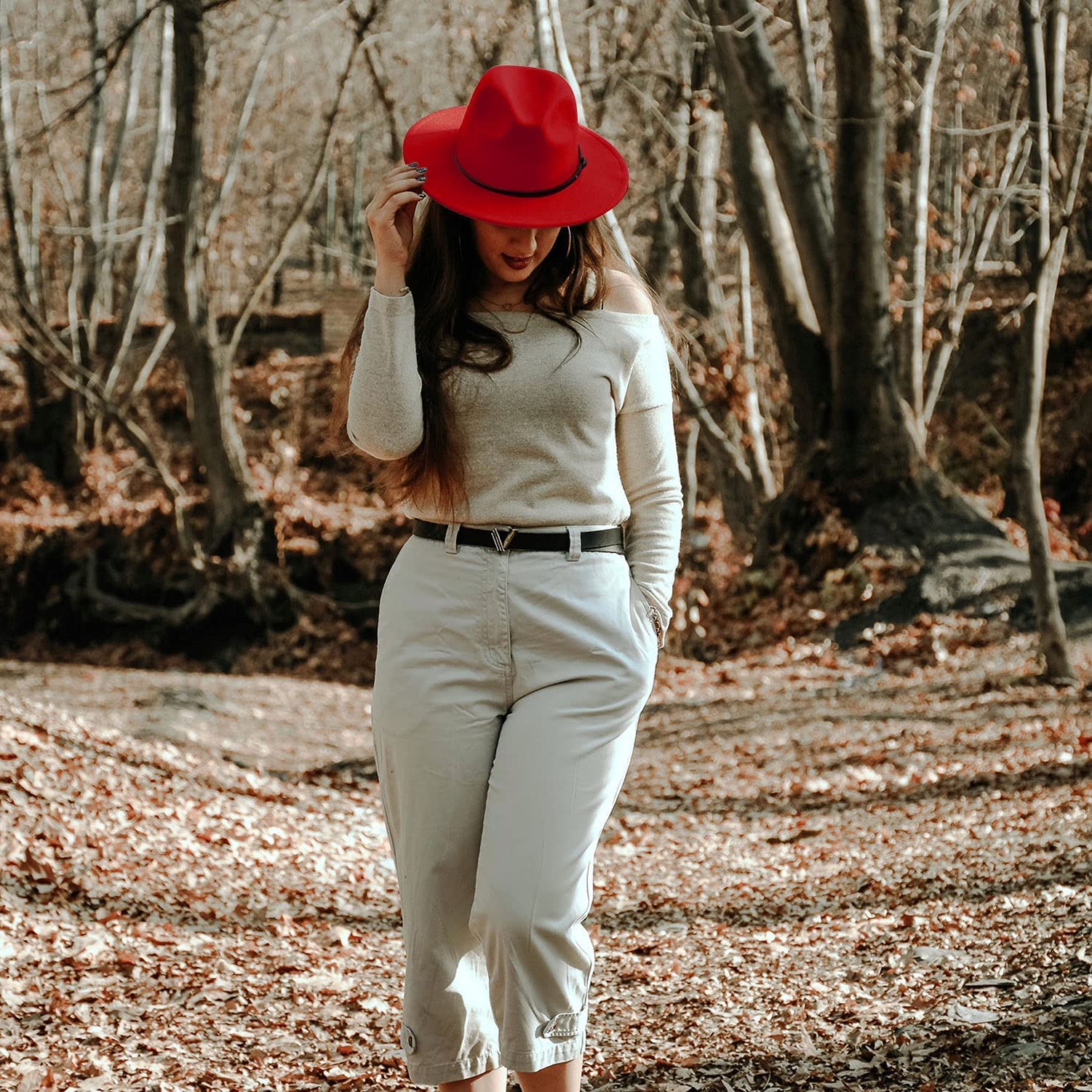 Gossifan Women Two Tone Wide Brim Fedora Felt Panama Hats Classic Belt Buckle Red/Leopard