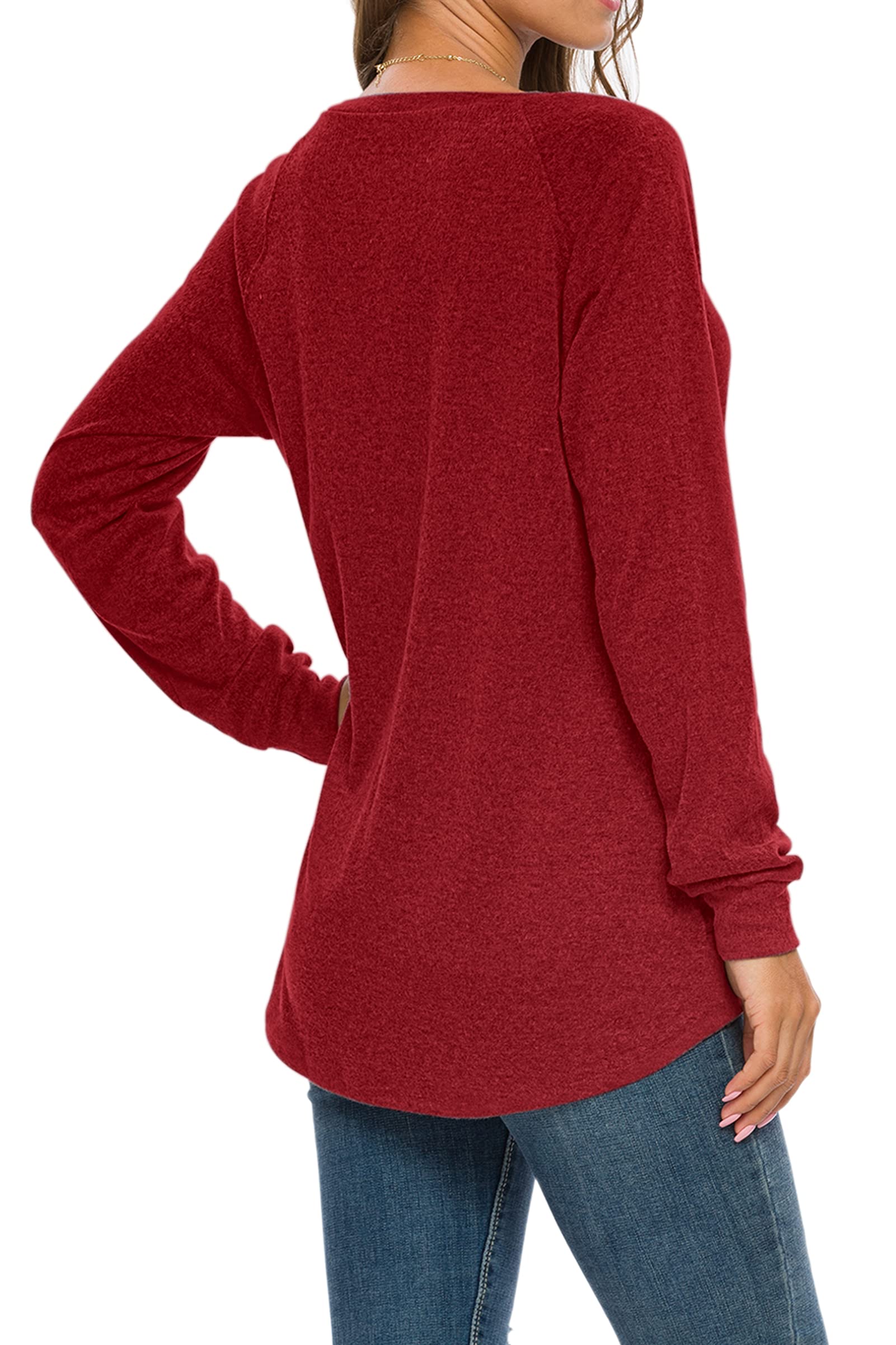 AUSELILY Womens Long Sleeve Tunic Tops Casual Loose Fit Sweatshirts Round Neck Pullover Blouse Sweatshirts with Pocket Ruby XL