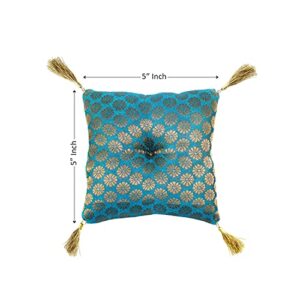 Cushion For Tibetan Singing Bowl Handmade Square Cushions Brocade Art Silk Home Decor Jewelry Display Pillow (5" x 5" Inch, Turquoise Blue)