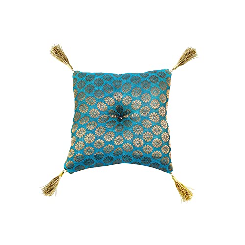 Cushion For Tibetan Singing Bowl Handmade Square Cushions Brocade Art Silk Home Decor Jewelry Display Pillow (5" x 5" Inch, Turquoise Blue)