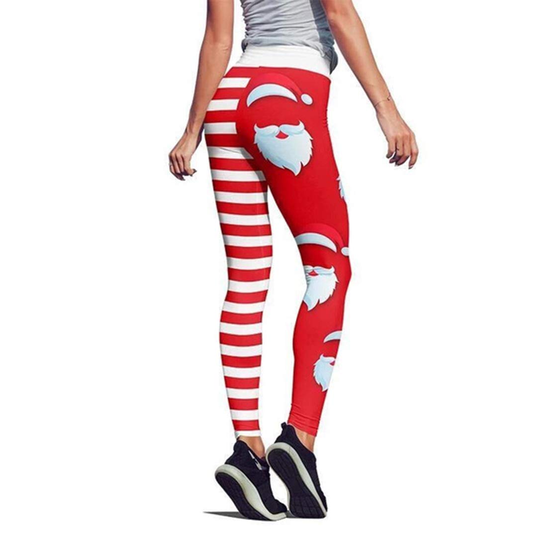 JIFRE Nude Feeling Yoga Pants Santa Stripe Print Leggings for Christmas Women Running High Waist Workout TrousersS