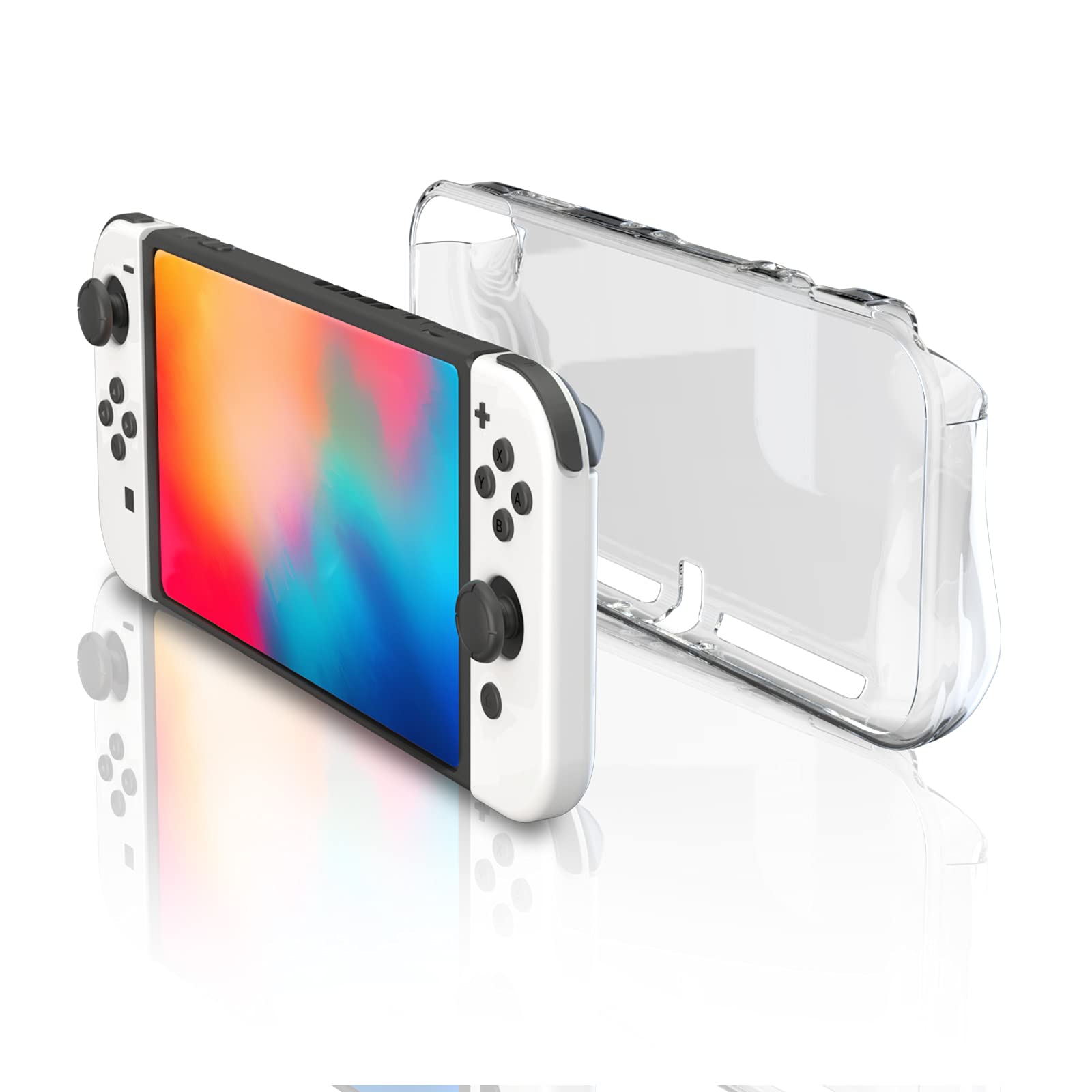 TPU Case Cover for Switch OLED, Clear Protective Case Compatible with Nintendo Switch OLED Model with Tempered Glass Screen Protector and Thumb Stick Caps - Clear