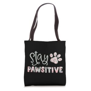 stay pawsitive dog cat paw print -sage pink camo camouflage tote bag