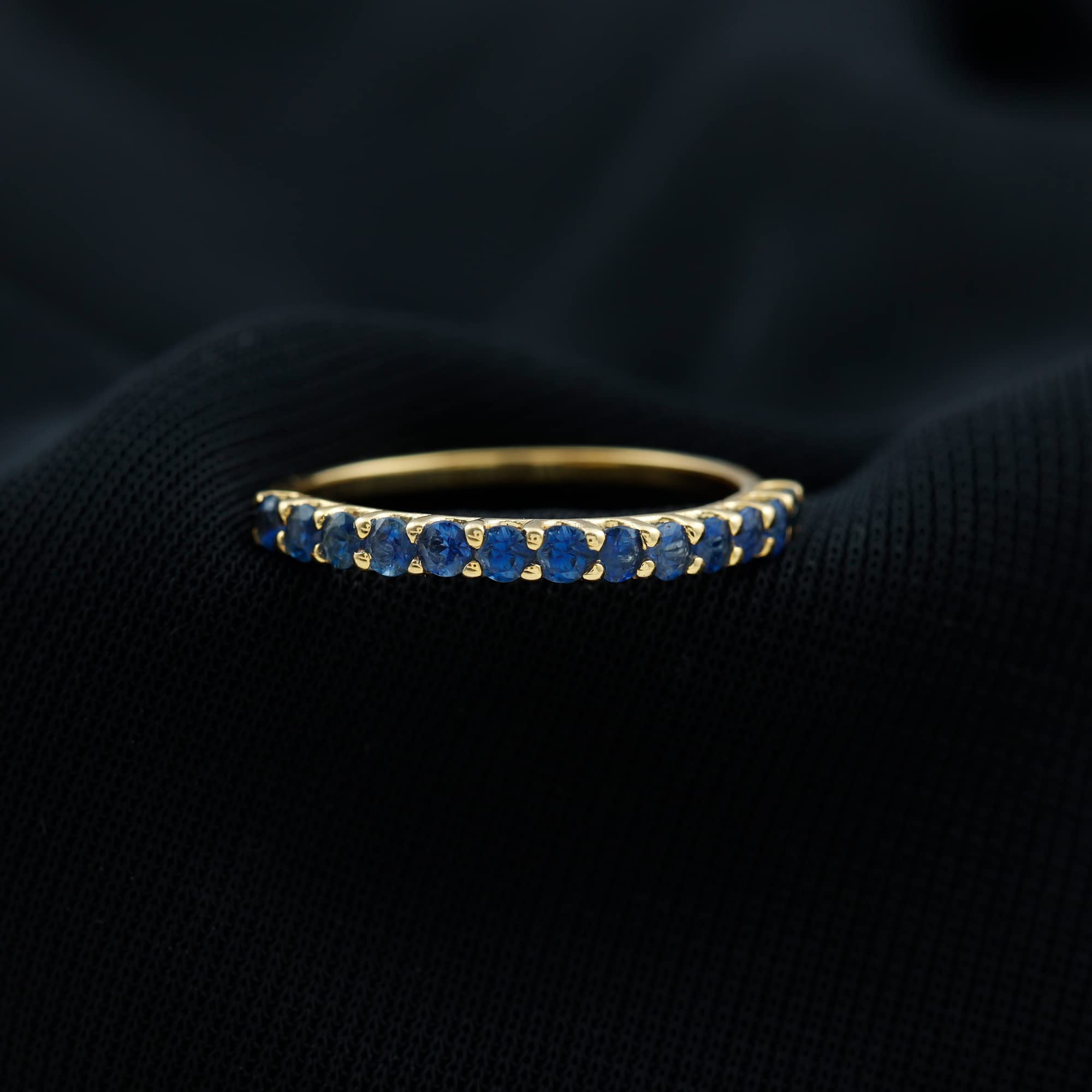 Certified Natural Blue Sapphire Half Eternity Ring, AAA Quality, Sapphire Anniversary Ring (With Jewelry Box), 14K Yellow Gold, Size:US 5.50