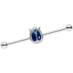 body candy womens 14g 316l steel helix cartilage earring blue accent tulip flower industrial barbell 1 1/2"