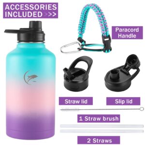 64 oz Insulated Water Bottle,Vacuum Stainless Steel Water Bottle with Straw Lids and Spout Lids,Paracord Handle, Double Wall Leak Proof Without BPA Metal Thermo Mug Water Flask for Sports Outdoor Gym