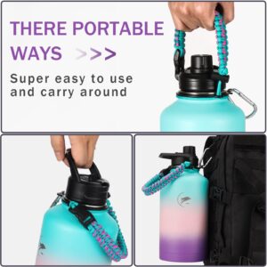 64 oz Insulated Water Bottle,Vacuum Stainless Steel Water Bottle with Straw Lids and Spout Lids,Paracord Handle, Double Wall Leak Proof Without BPA Metal Thermo Mug Water Flask for Sports Outdoor Gym