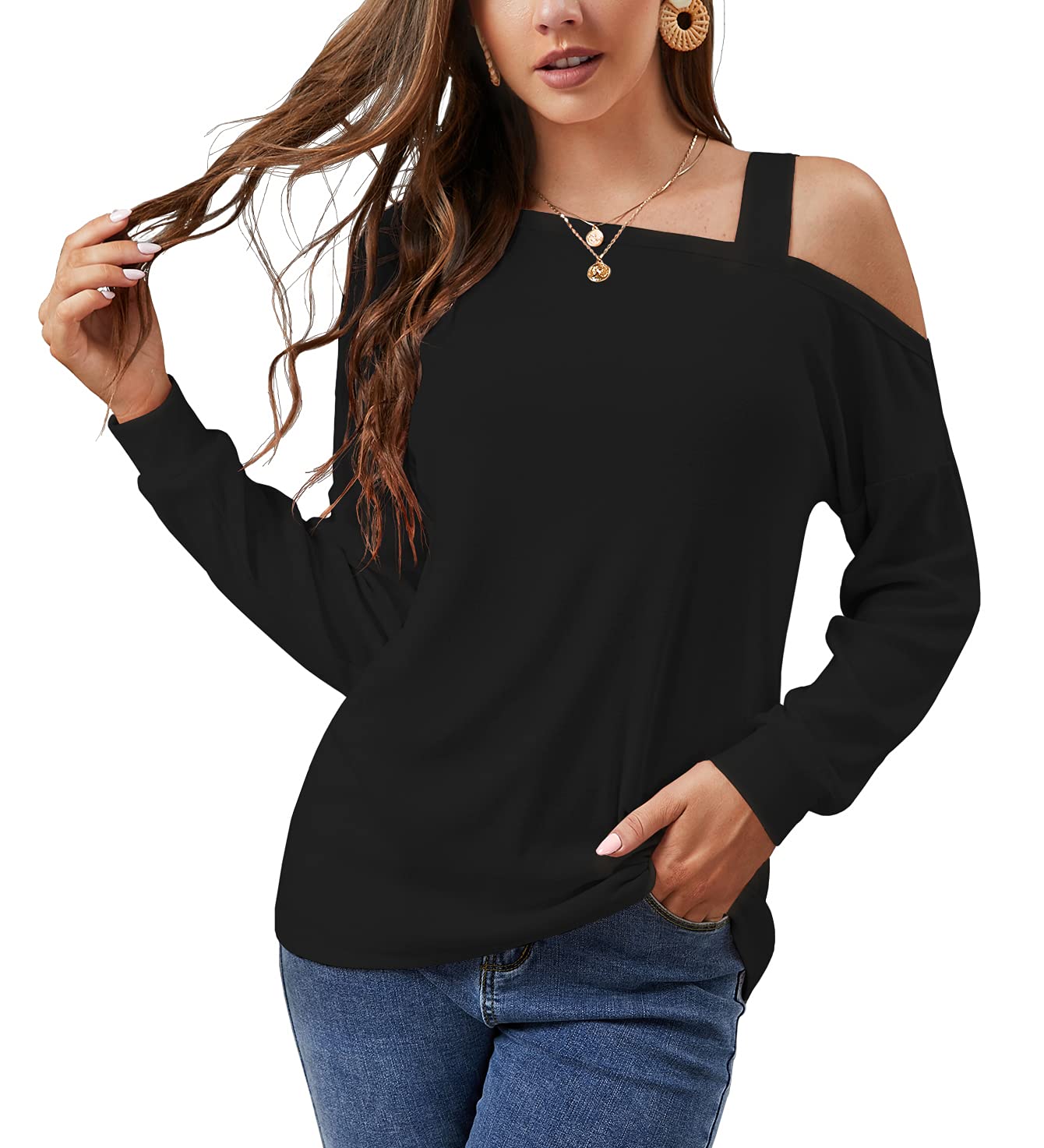 JINKESI Women's Long Sleeve Tunic Tops Casual Cold Shoulder Blouse Shirts Black-Medium