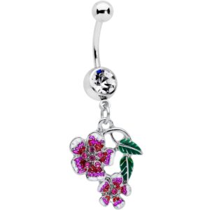 Body Candy Womens 14G 316L Steel Navel Ring Piercing Clear Red Accent Double Flower Dangle Belly Button Ring