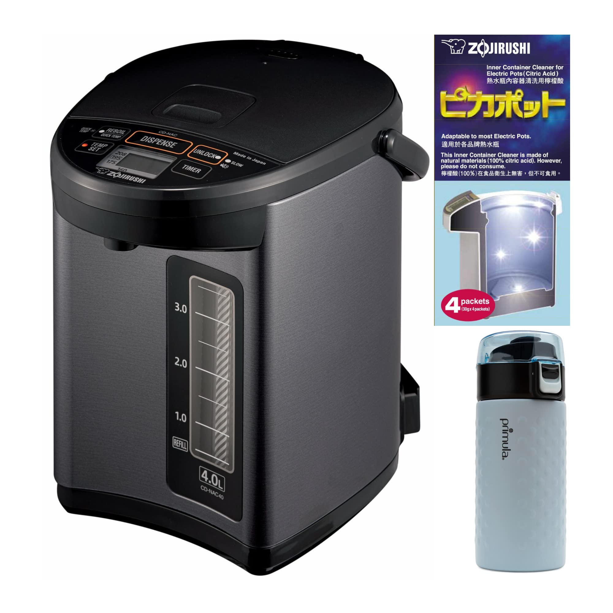 Zojirushi CD-NAC40BM Micom Water Boiler (4-Liter, Metallic Black) Bundle with Inner Container Cleaner and Stainless Steel Tumbler (3 Items)