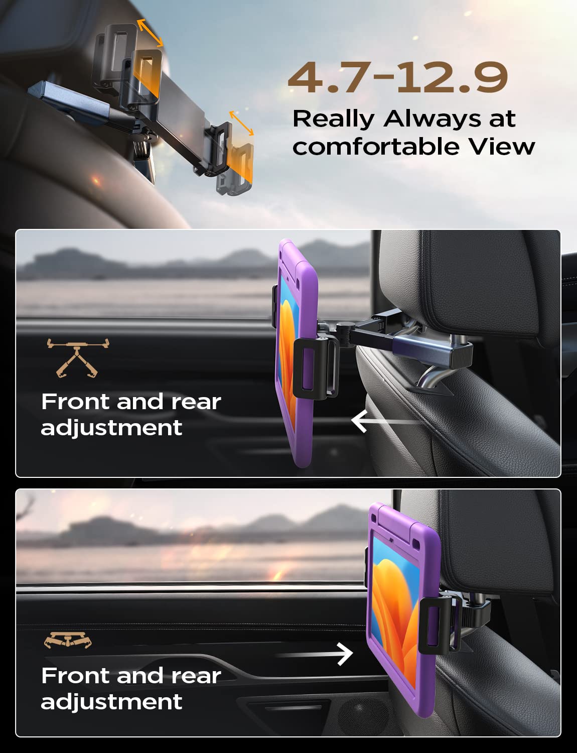 LISEN Tablet iPad Holder for Car Mount Headrest Must Have, iPad Car Holder Back Seat Travel Accessories Long Road Trip Essentials for Kids Adults Fits All 4.7-12.9" Devices & Headrest Rod