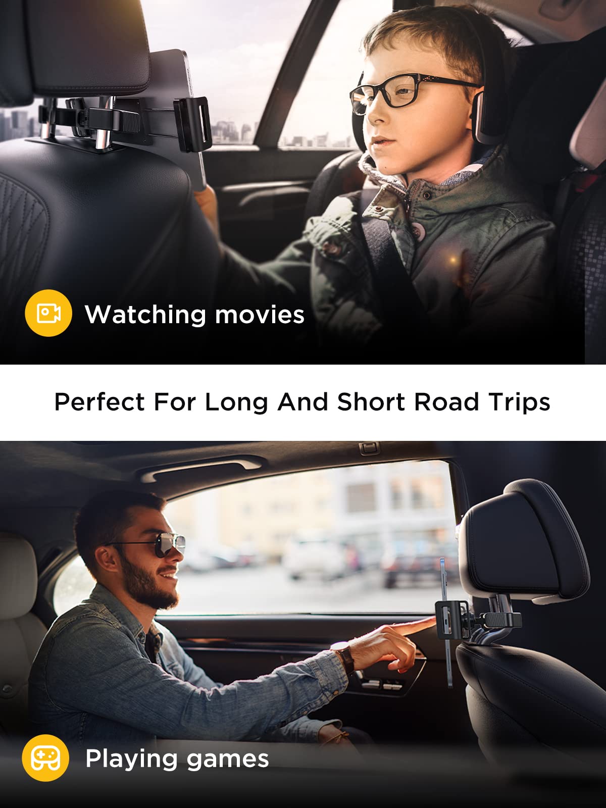 LISEN Tablet iPad Holder for Car Mount Headrest Must Have, iPad Car Holder Back Seat Travel Accessories Long Road Trip Essentials for Kids Adults Fits All 4.7-12.9" Devices & Headrest Rod