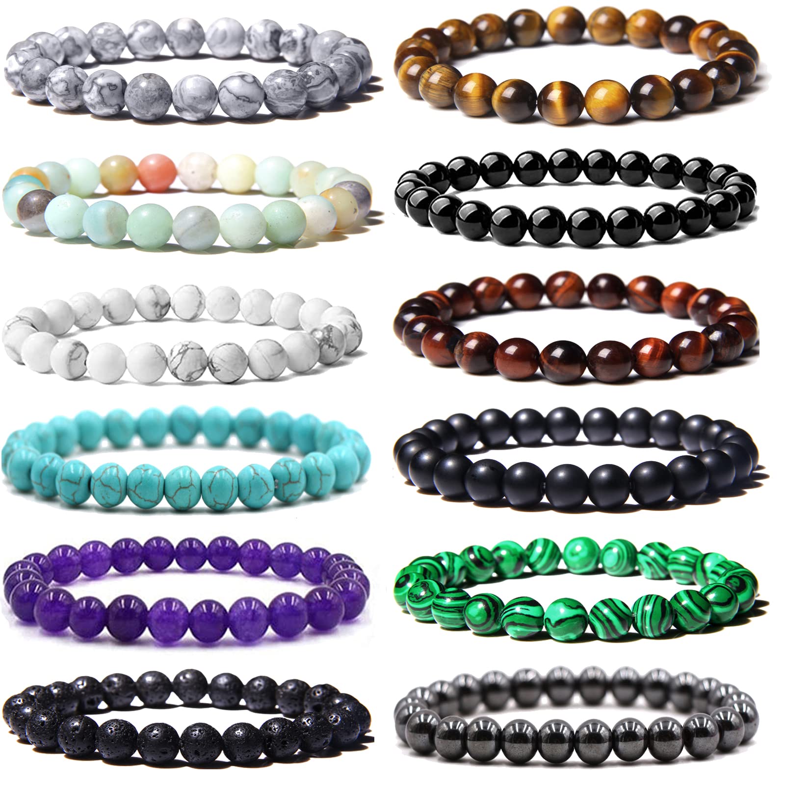 JEWPARK 12PCS 8mm Semi-Precious Gemstone Bracelet Set Healing Crystal Stone Stretch Bracelets for Men Women Round Beaded Elastic Bracelets