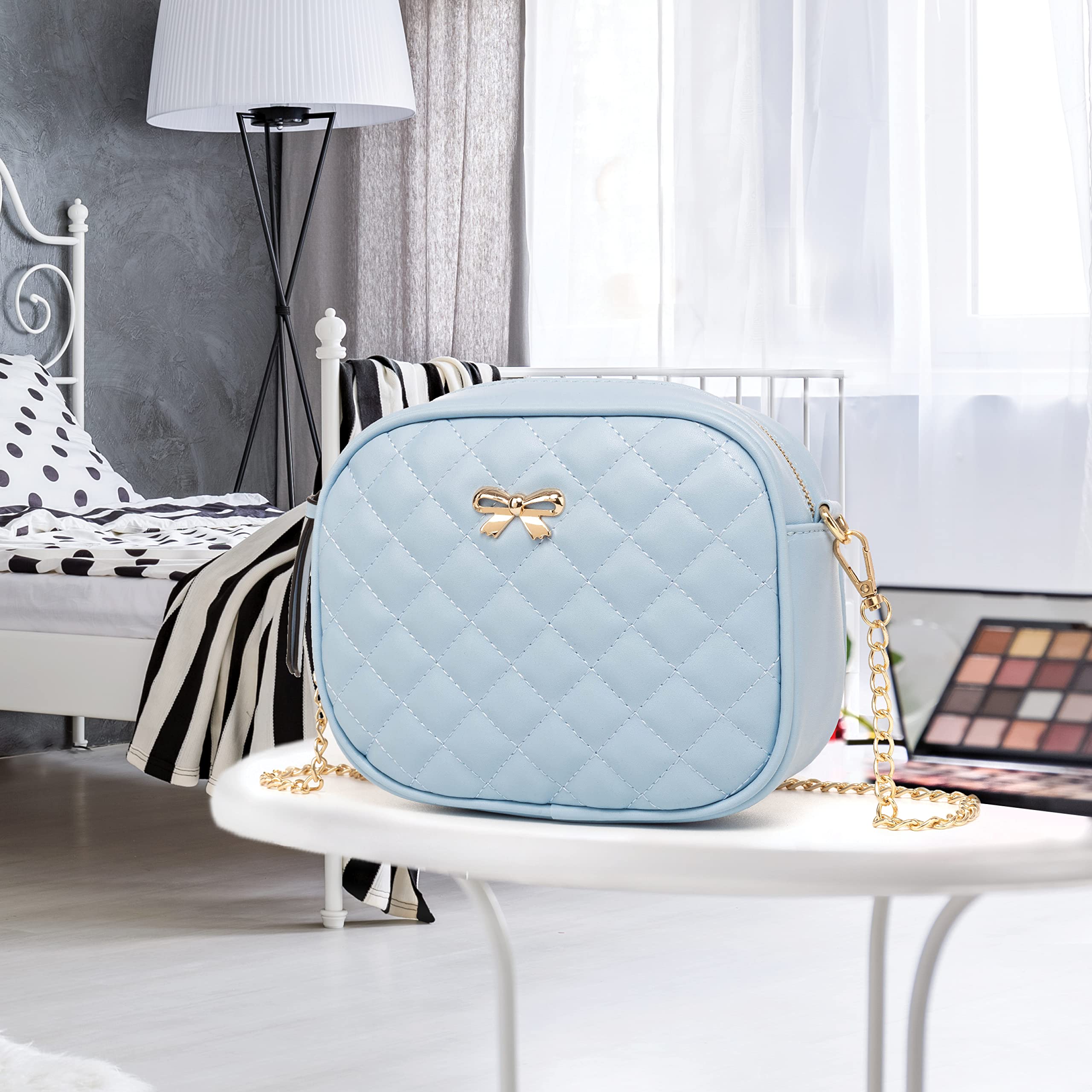 Womens Light Blue Shoulder Crossbody Purse - Girls Cute Small Pocketbook Handbag Quilted Leather Tote Bags Ladies Satchels