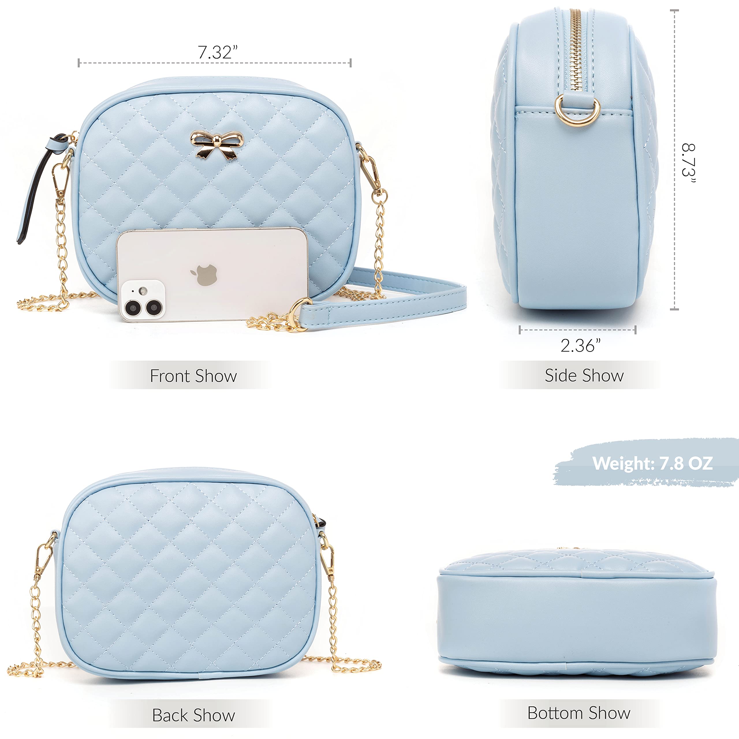 Womens Light Blue Shoulder Crossbody Purse - Girls Cute Small Pocketbook Handbag Quilted Leather Tote Bags Ladies Satchels