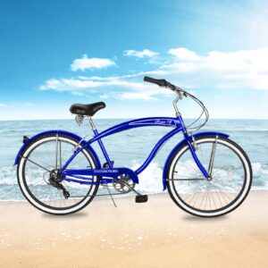 MICARGI Rover Lightweight Beach Cruiser Bike for Men, Adult,24 Inch Wheels, Featuring Steel Step-Over Step Through Steel Frame, 7 Speed Coaster Brake, Hybrid Bike, Complete Cruiser Bikes, Blue