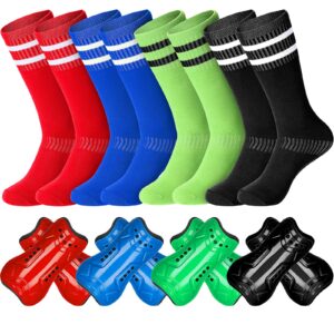 zhanmai 8 pairs kids soccer shin guards youth protective soccer socks sport shin pads guard sleeves calf protective soft colorful gear for football games 3-15 years old girls boys toddler child teens