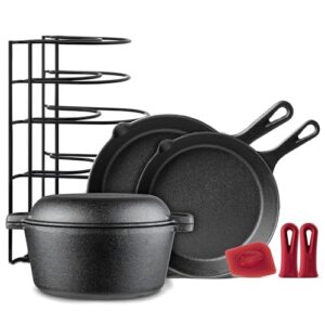 cast iron cookware 8-pc set - pre-seasoned 10"+12" skillet + 5-quart double dutch oven + pan rack organizer + silicone handle cover grips + scraper/cleaner- stovetop, grill, bbq, indoor/outdoor use