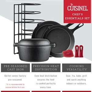 Cast Iron Cookware 8-Pc Set - Pre-Seasoned 10"+12" Skillet + 5-Quart Double Dutch Oven + Pan Rack Organizer + Silicone Handle Cover Grips + Scraper/Cleaner- Stovetop, Grill, BBQ, Indoor/Outdoor Use