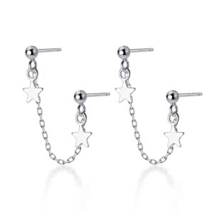 reffeer 925 sterling silver two piercing cute ball star stud chain earrings climber ball star cuff earrings helix for women teen (silver)