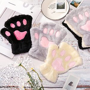 Geyoga Cat Paw Gloves 3 Pairs Kawaii Gloves Cosplay Faux Fur Plush Cat Gloves Lion Paws Fingerless Gloves for Girls Women(Black, White, Gray)