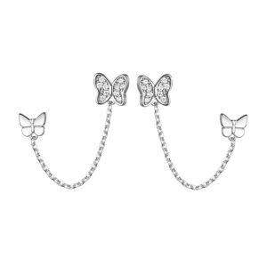 Reffeer 925 Sterling Silver Double Holes CZ Butterfly Chain Stud Earrings Two Butterfly Cuff Climber Earrings for Women Teen (Silver)