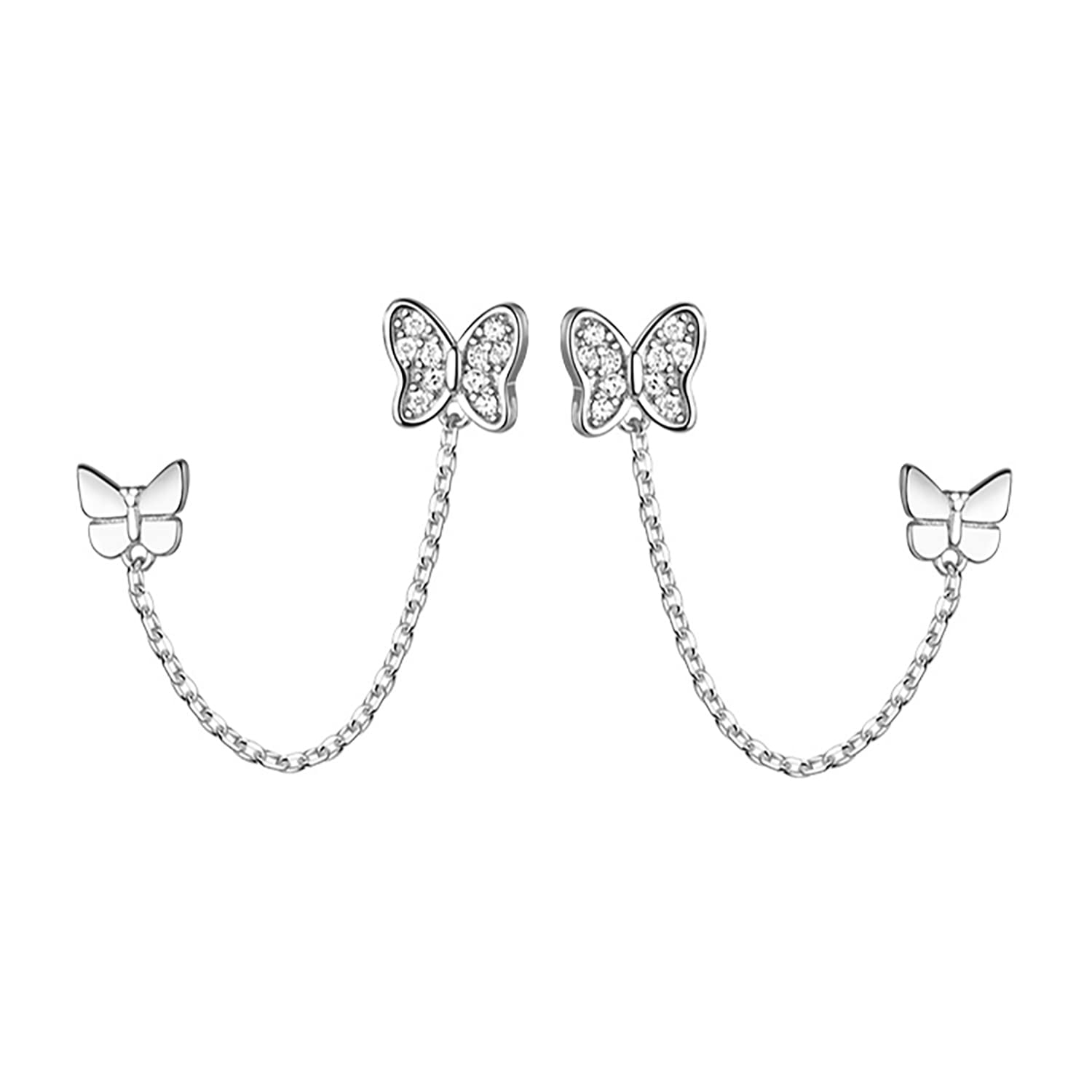 Reffeer 925 Sterling Silver Double Holes CZ Butterfly Chain Stud Earrings Two Butterfly Cuff Climber Earrings for Women Teen (Silver)