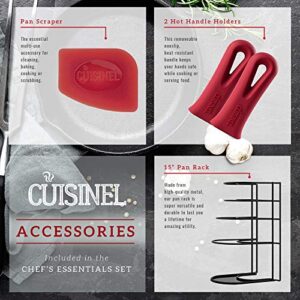 Cast Iron Cookware 8-Pc Set - Pre-Seasoned 10"+12" Skillet + 5-Quart Double Dutch Oven + Pan Rack Organizer + Silicone Handle Cover Grips + Scraper/Cleaner- Stovetop, Grill, BBQ, Indoor/Outdoor Use