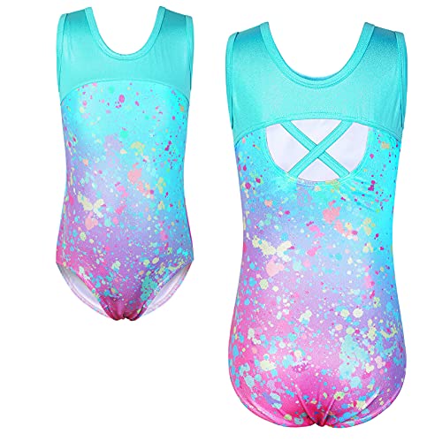 TFJH E Gymnastics Leotards for Girls Ballet Dance Bodysuit Practice Apparel Tie Dye Blue Dots 8A