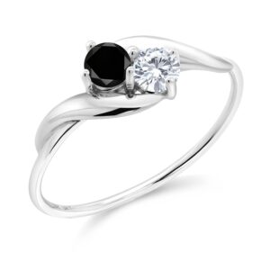 Gem Stone King 10K White Gold Black Diamond and White Moissanite 2-Stone Engagement Ring For Women (0.33 Cttw, Round 3.5MM, Available In Size 5, 6, 7, 8, 9)