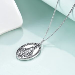 Rnivida 925 Sterling Silver Miraculous Medal Necklace, Catholic Our Blessed Mother Virgin Mary Oval Pendant Necklace for Women