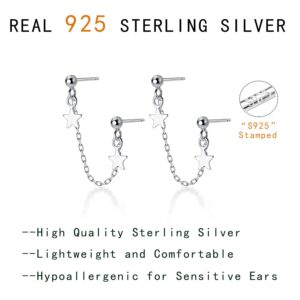 Reffeer 925 Sterling Silver Two Piercing Cute Ball Star Stud Chain Earrings Climber Ball Star Cuff Earrings Helix for Women Teen (Silver)