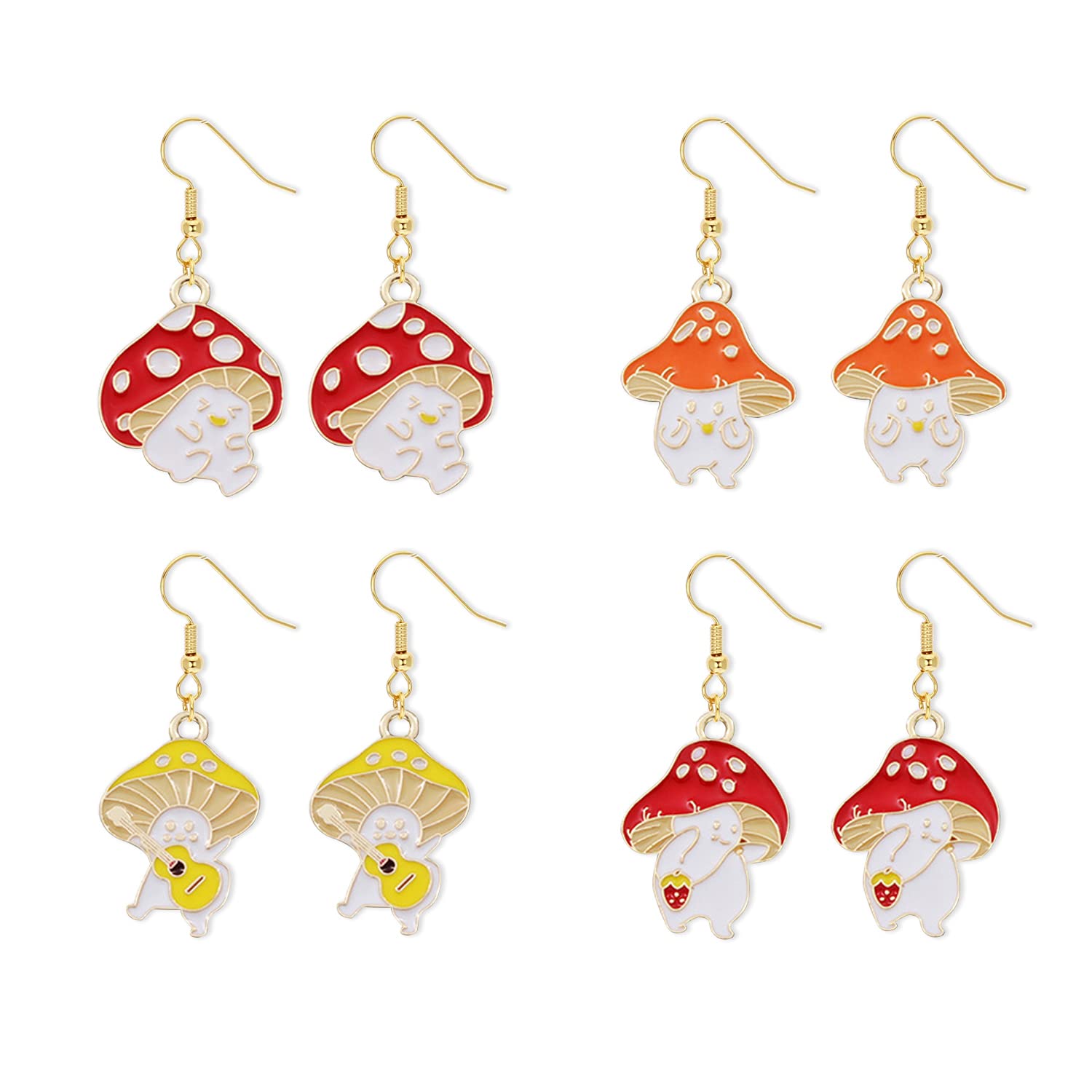 T-ztoss 4 Pairs Gold Fashion Woman Sweet Fresh Handmade Mushroom Drop Dangle earring Chic Charm Colorful Drop Oil Mushroom Food Earrings Cute Funny Plant Shape Ear Pendant Fashion Jewelry Gifts for Women(4 Pairs)