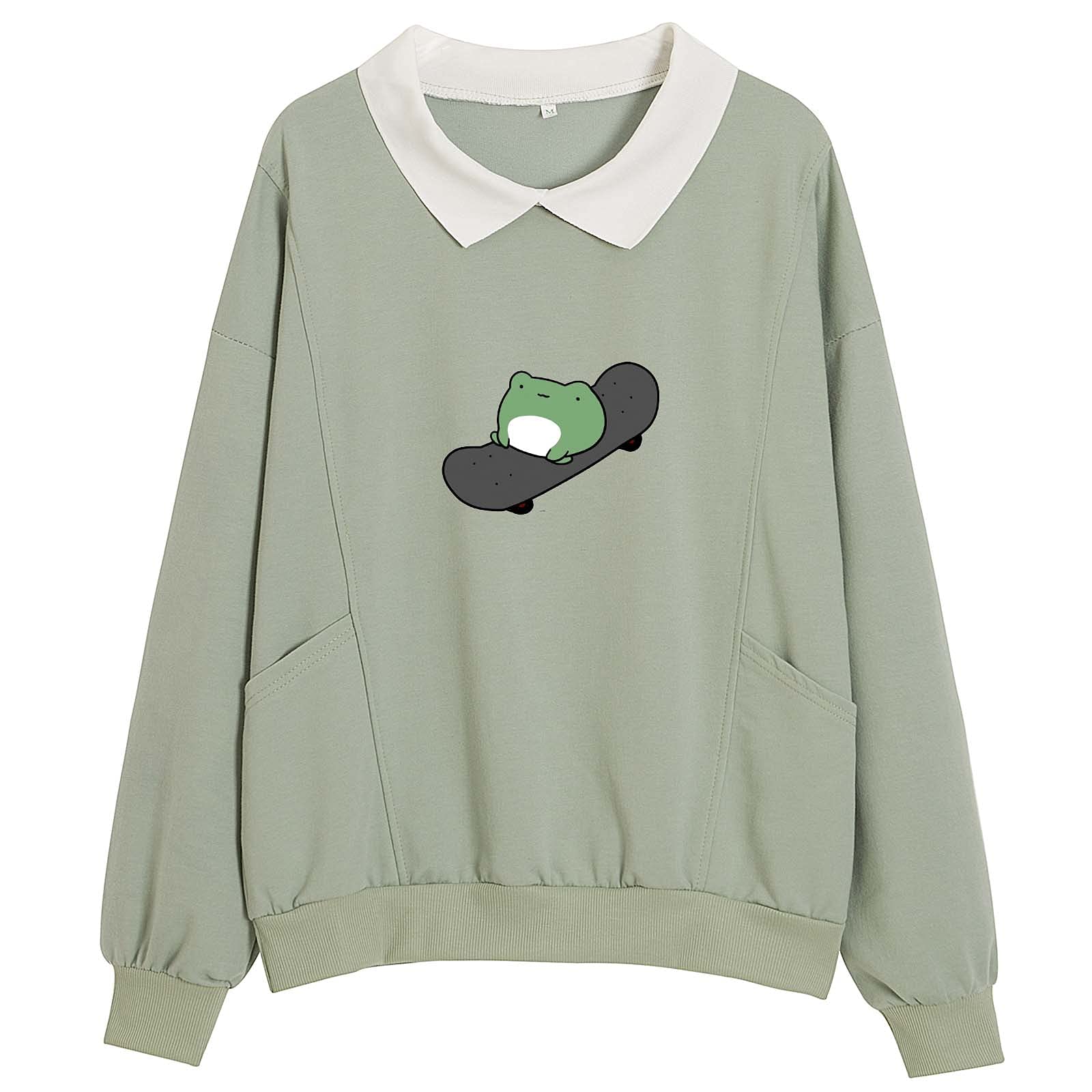 Wrenpies Frog Skateboarding Sweatshirt with Collar Hoodie Cotton Pullover Aesthetic Hoodies for Teen Girls Top Kawaii Clothes (Green,M)