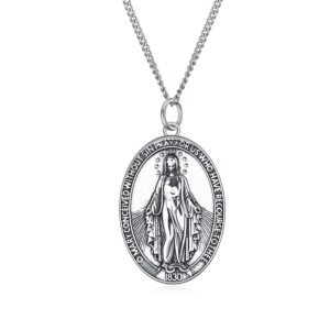 Rnivida 925 Sterling Silver Miraculous Medal Necklace, Catholic Our Blessed Mother Virgin Mary Oval Pendant Necklace for Women