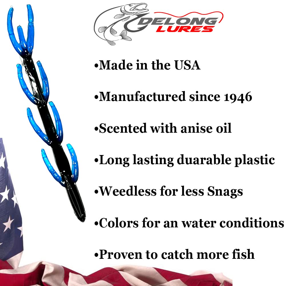 Delong Lures 6" Weedless Leggy KILR Fishing Worms for Bass, Pike, and Other Sport Fish, Soft Plastic for Bass Fishing, Pike Fishing Lures Baits Tackle Worms for Fishing (Black/Blue)