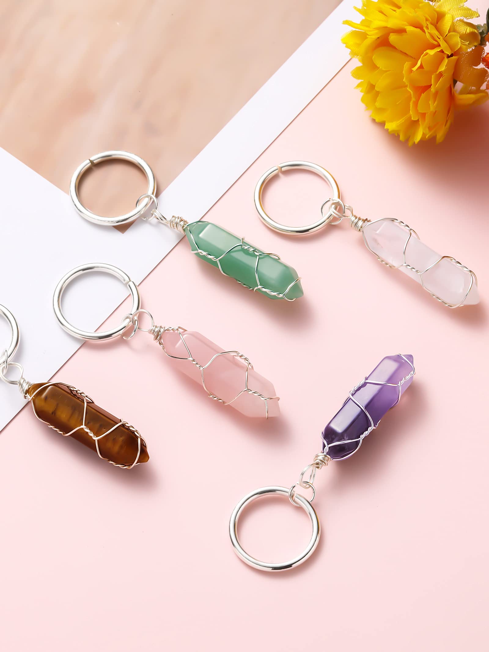 5 Pieces Crystals Stone Keychain Healing Stones Jewelry Hexagonal Crystal Keyring Quartz Pendants Keychain Quartz Crystal Healing Crystal for Women