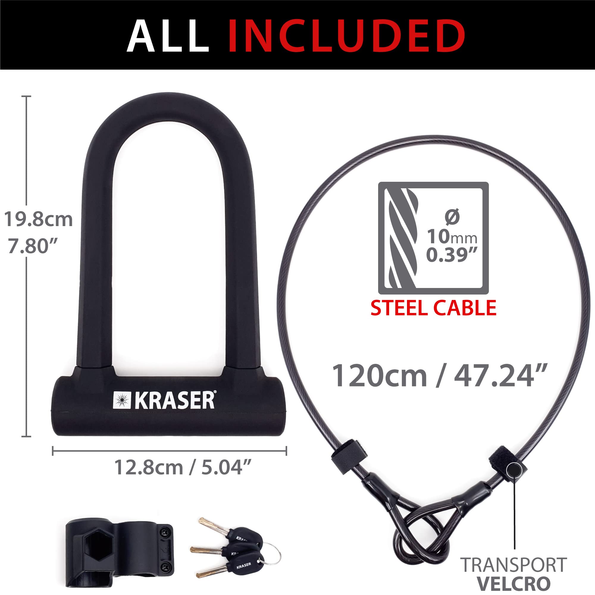 KRASER KR65145B Bicycle U Lock, High Strength, Compact + 120cm/47.2in Cable, Safer and More Practical, ø16 Fork Double Lock Steel, Easy Transport Mount, Universal Anti Theft for Bike E Scooter Ebike