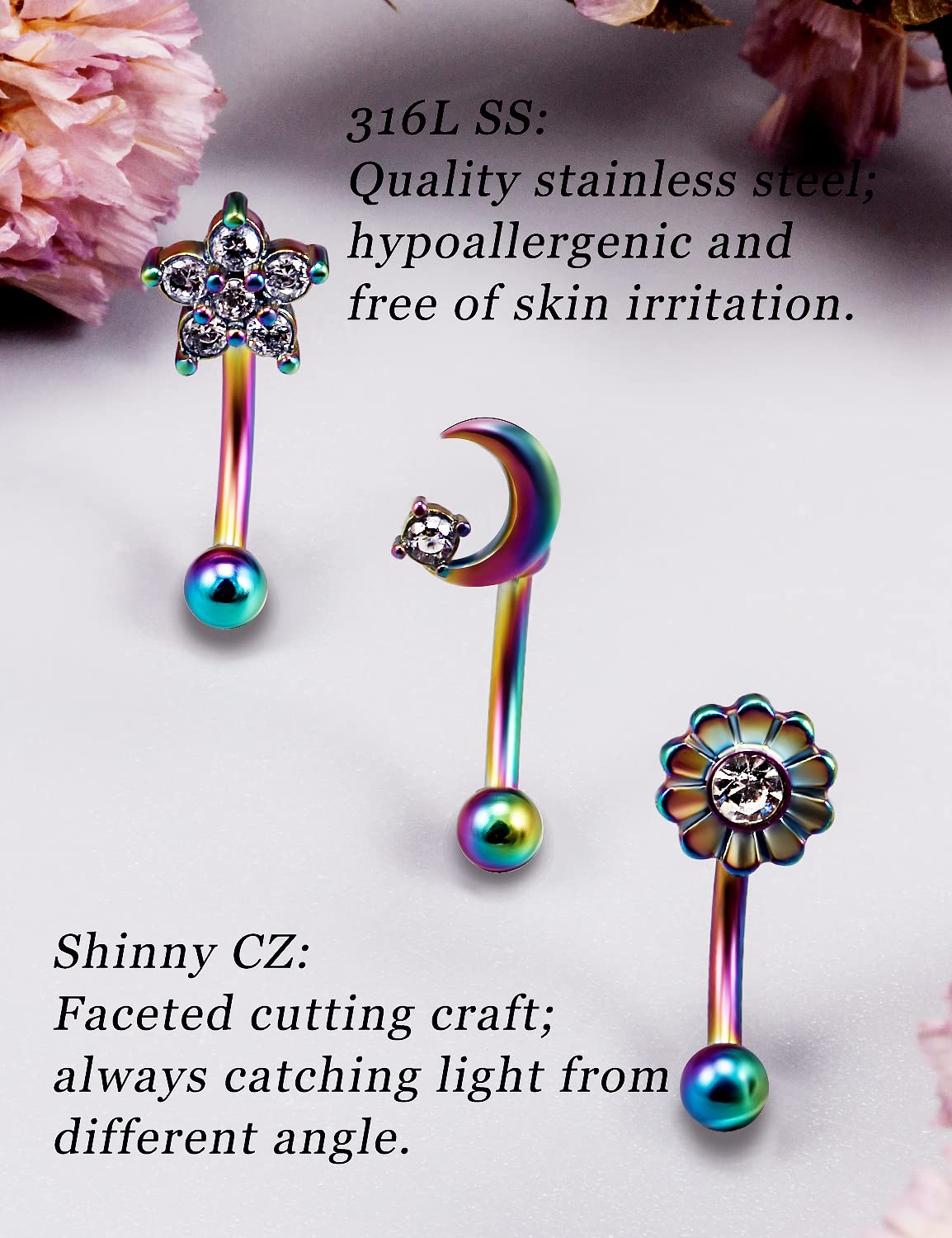 12Pcs 16G Rook Piercing Jewerlry Surgical Steel Eyebrow Piercing Jewelry Flower Crystal Heart CZ Moon Shape Eyebrow Rings Snake Eyes Rook Earrings for Women Men Tongue Retainer,Purple curved Barbell