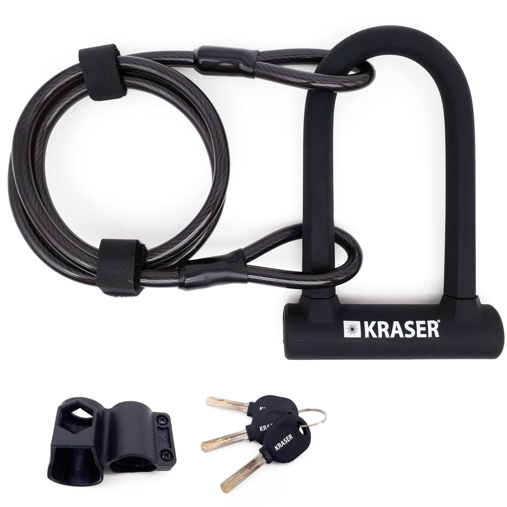 KRASER KR65145B Bicycle U Lock, High Strength, Compact + 120cm/47.2in Cable, Safer and More Practical, ø16 Fork Double Lock Steel, Easy Transport Mount, Universal Anti Theft for Bike E Scooter Ebike